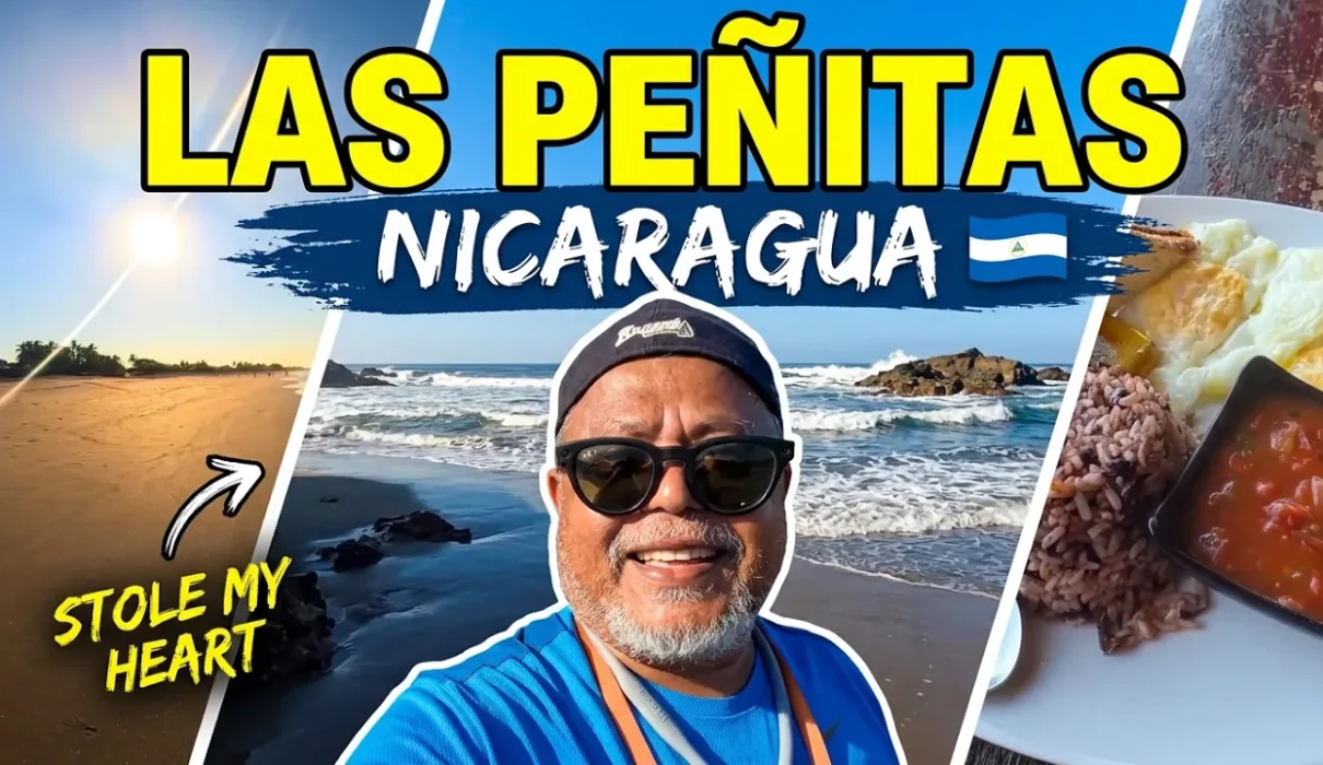 Las Peñitas Beach on Nicaragua's Pacific coast with golden sand, ocean waves, rocky shoreline, and scenic coastal views near León.
