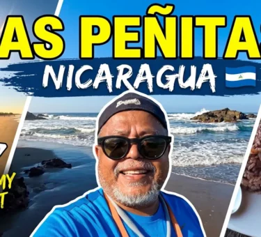 Las Peñitas Beach on Nicaragua's Pacific coast with golden sand, ocean waves, rocky shoreline, and scenic coastal views near León.