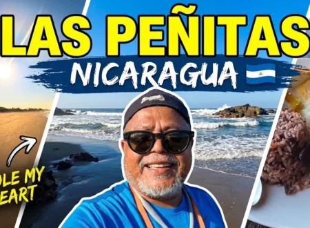 Las Peñitas Beach on Nicaragua's Pacific coast with golden sand, ocean waves, rocky shoreline, and scenic coastal views near León.