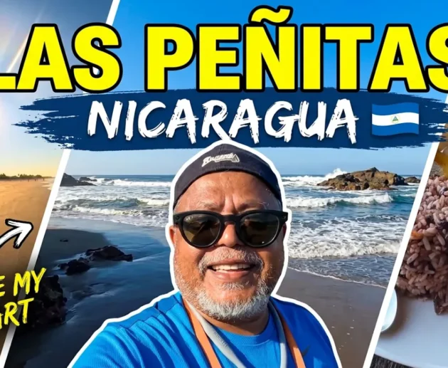 Las Peñitas Beach on Nicaragua's Pacific coast with golden sand, ocean waves, rocky shoreline, and scenic coastal views near León.