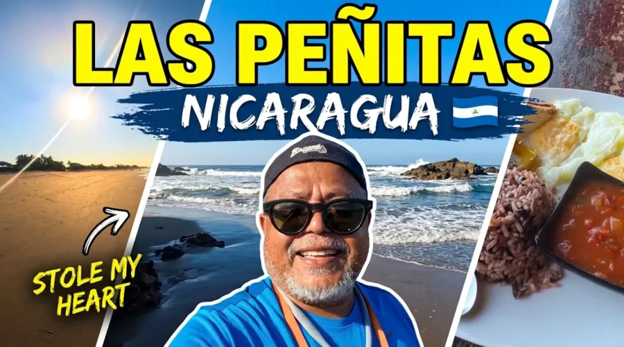Las Peñitas Beach on Nicaragua's Pacific coast with golden sand, ocean waves, rocky shoreline, and scenic coastal views near León.