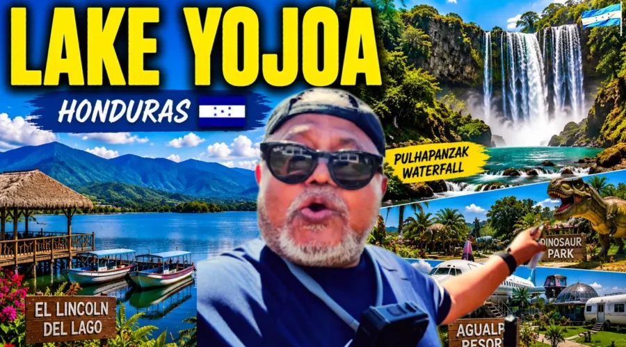 Lake Yojoa surrounded by green mountains during my road trip through Honduras