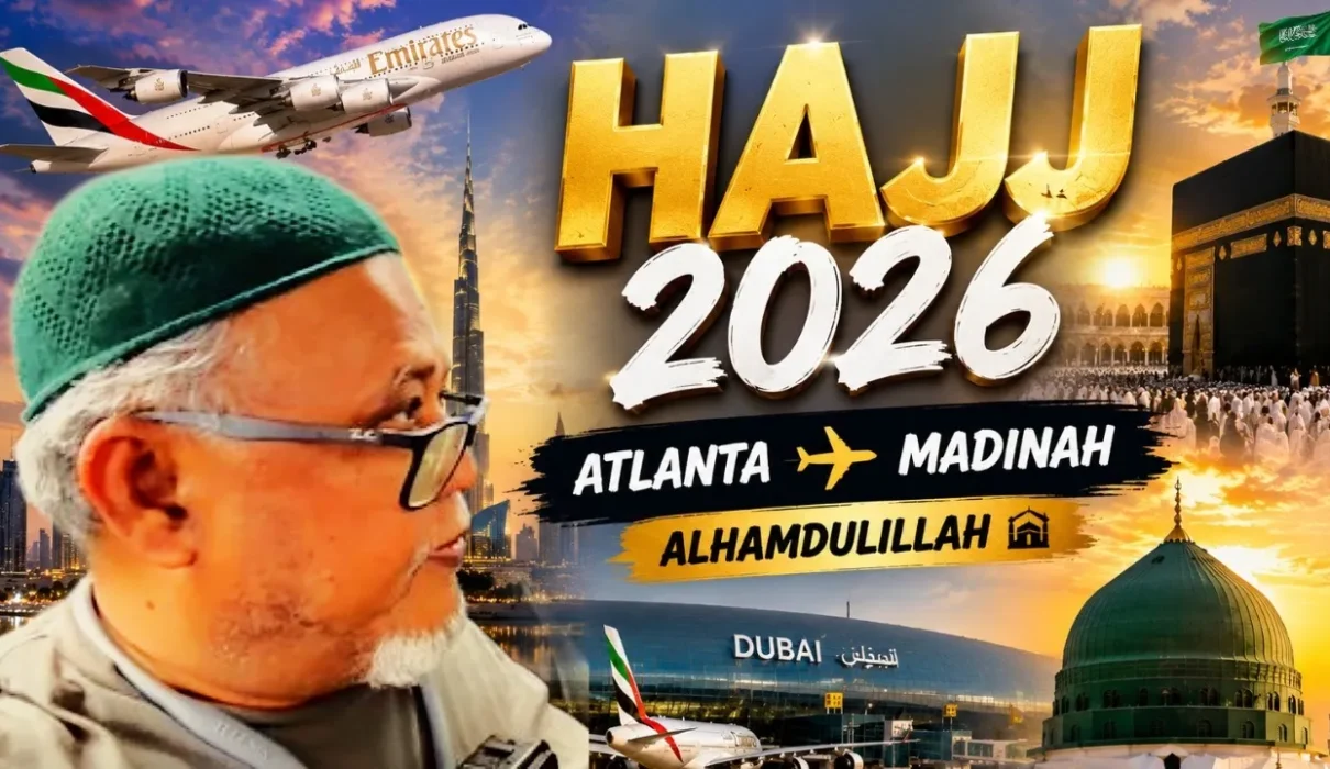 Reza Karim beginning his first Hajj journey from Atlanta to Madinah via Dubai in 2026