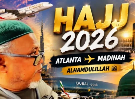 Reza Karim beginning his first Hajj journey from Atlanta to Madinah via Dubai in 2026