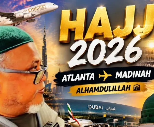Reza Karim beginning his first Hajj journey from Atlanta to Madinah via Dubai in 2026