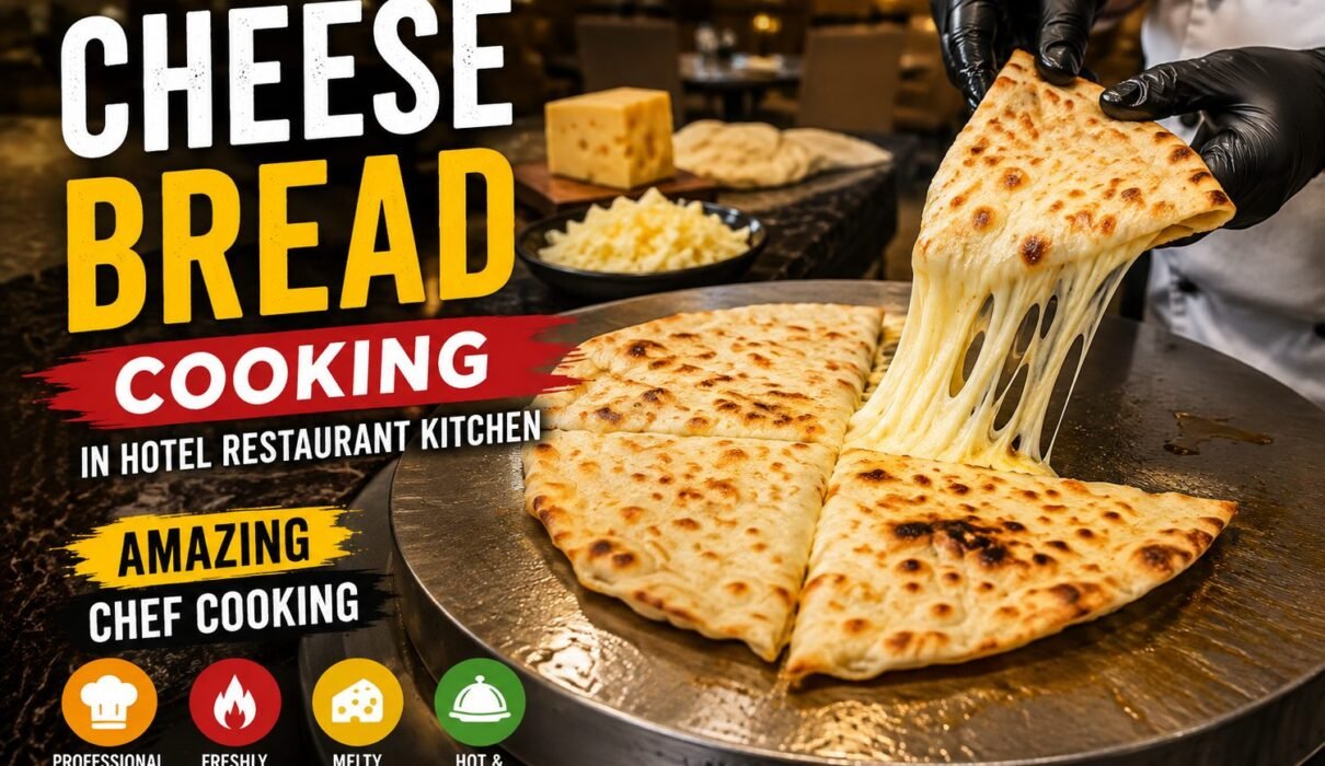 Freshly baked cheese bread being prepared by a chef in a hotel restaurant kitchen