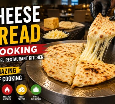 Freshly baked cheese bread being prepared by a chef in a hotel restaurant kitchen