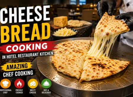 Freshly baked cheese bread being prepared by a chef in a hotel restaurant kitchen