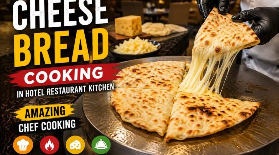 Freshly baked cheese bread being prepared by a chef in a hotel restaurant kitchen