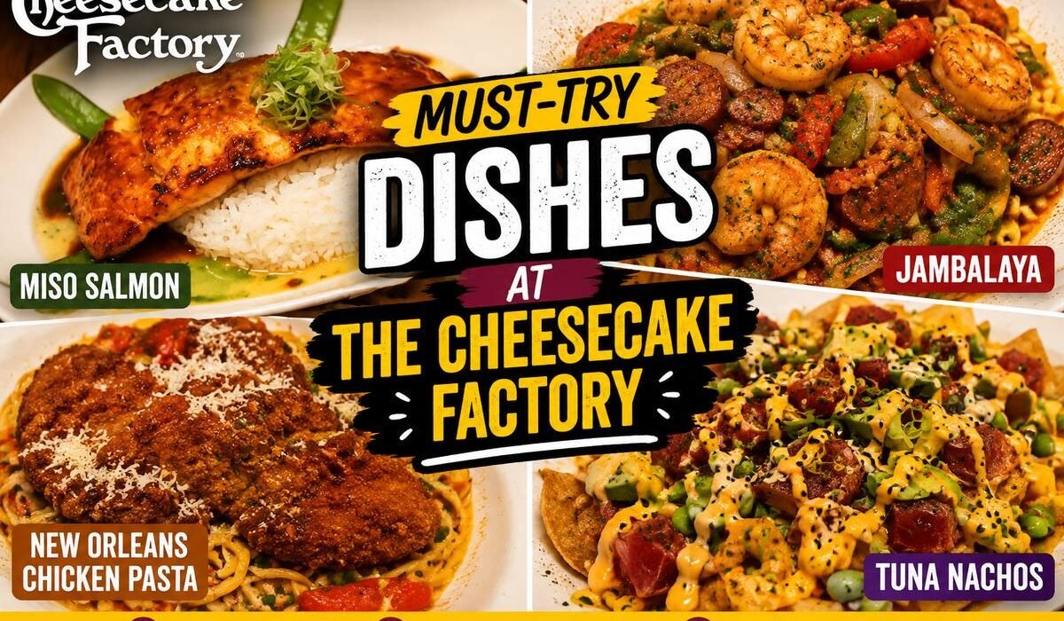 The Cheesecake Factory dishes featuring miso salmon, tuna nachos, jambalaya, and New Orleans chicken pasta