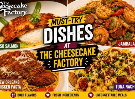 The Cheesecake Factory dishes featuring miso salmon, tuna nachos, jambalaya, and New Orleans chicken pasta