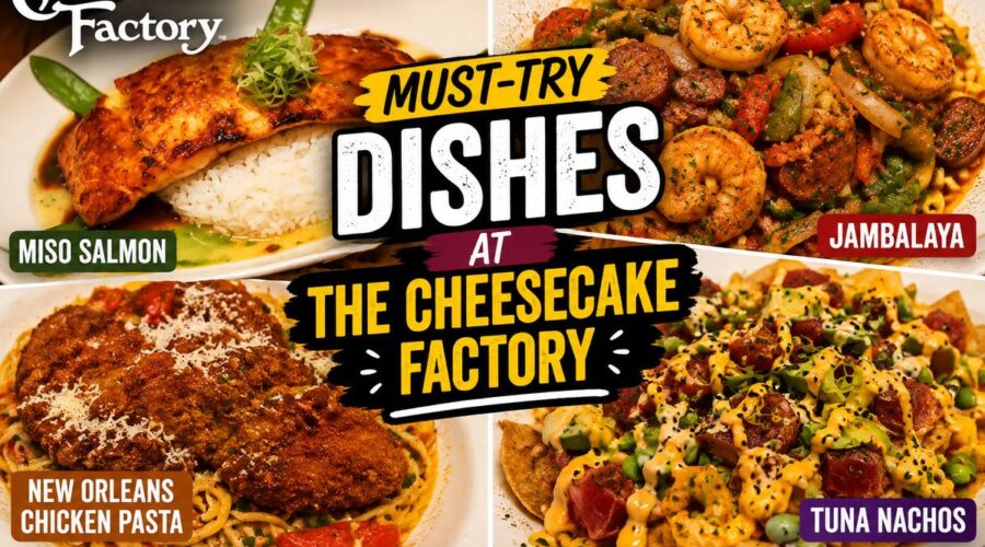 The Cheesecake Factory dishes featuring miso salmon, tuna nachos, jambalaya, and New Orleans chicken pasta
