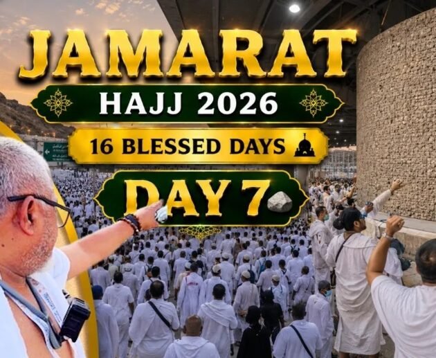 Pilgrims walking from Mina toward the Jamarat complex during Hajj 2026 on the first day of Ramy