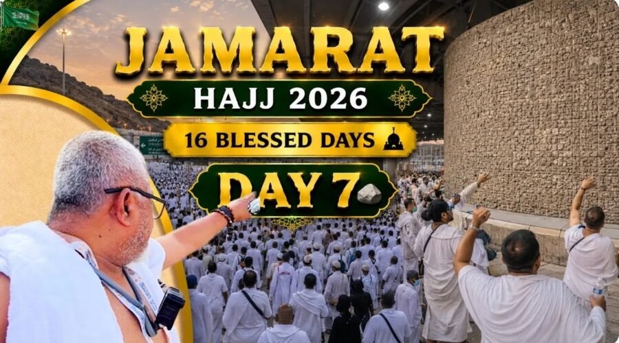 Pilgrims walking from Mina toward the Jamarat complex during Hajj 2026 on the first day of Ramy