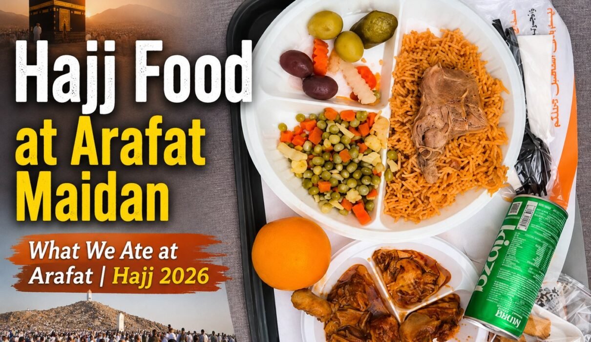Pilgrims enjoying a meal at Arafat during Hajj 2026, featuring goat biryani and chicken dishes.