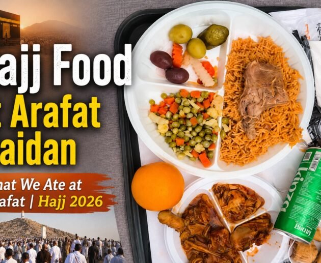 Pilgrims enjoying a meal at Arafat during Hajj 2026, featuring goat biryani and chicken dishes.