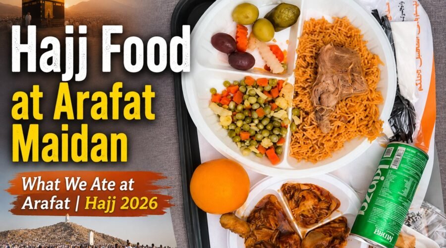 Pilgrims enjoying a meal at Arafat during Hajj 2026, featuring goat biryani and chicken dishes.