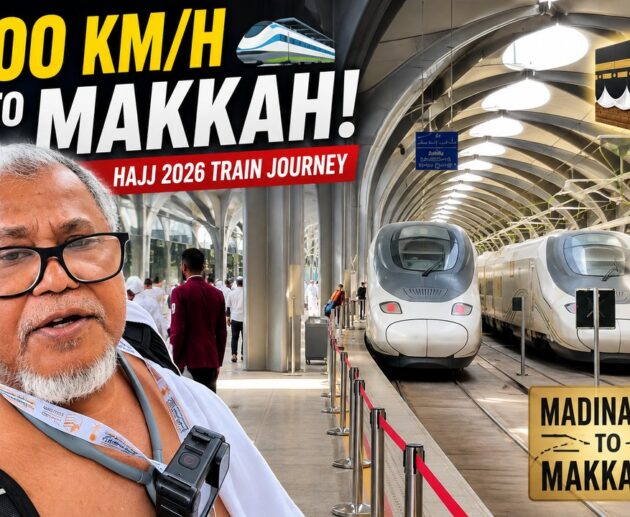 High-speed train at Madinah station during a Hajj 2026 journey to Makkah