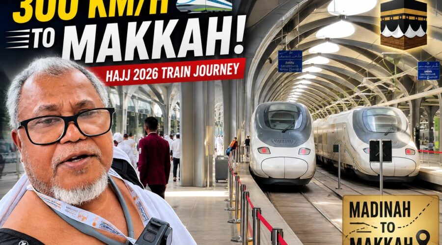 High-speed train at Madinah station during a Hajj 2026 journey to Makkah
