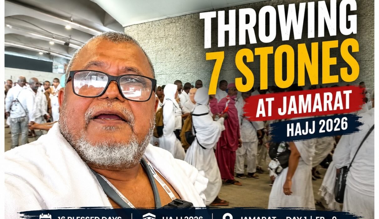 Pilgrim throwing seven pebbles at Jamarat al-Aqabah during Hajj 2026
