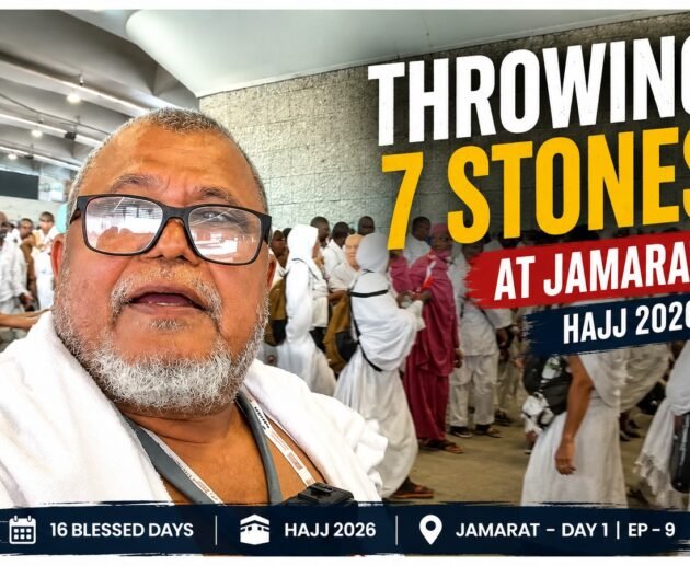 Pilgrim throwing seven pebbles at Jamarat al-Aqabah during Hajj 2026