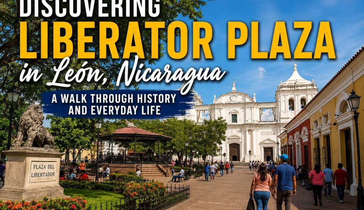 Liberator Plaza in León, Nicaragua, surrounded by historic colonial architecture and lively city streets
