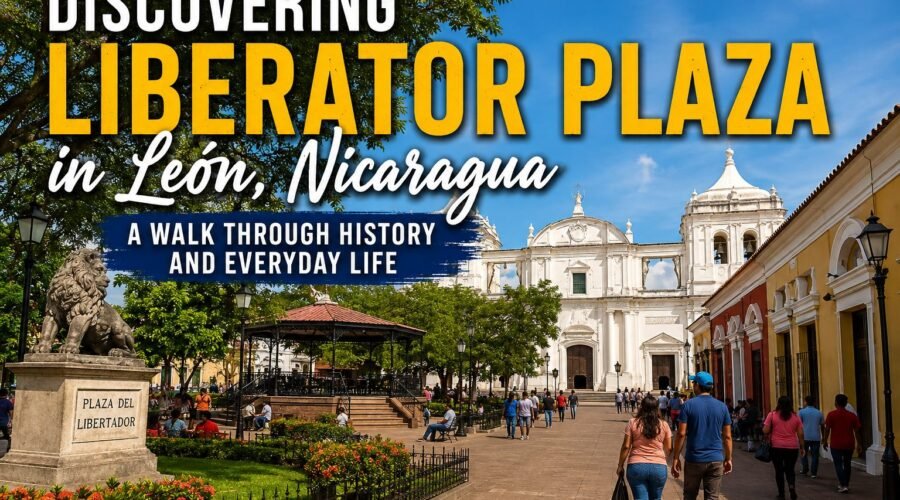 Liberator Plaza in León, Nicaragua, surrounded by historic colonial architecture and lively city streets