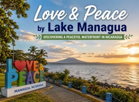 Love & Peace Park beside Lake Managua in Nicaragua, featuring a peaceful waterfront, green trees, and beautiful sunset views.
