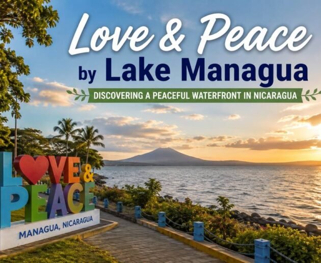 Love & Peace Park beside Lake Managua in Nicaragua, featuring a peaceful waterfront, green trees, and beautiful sunset views.
