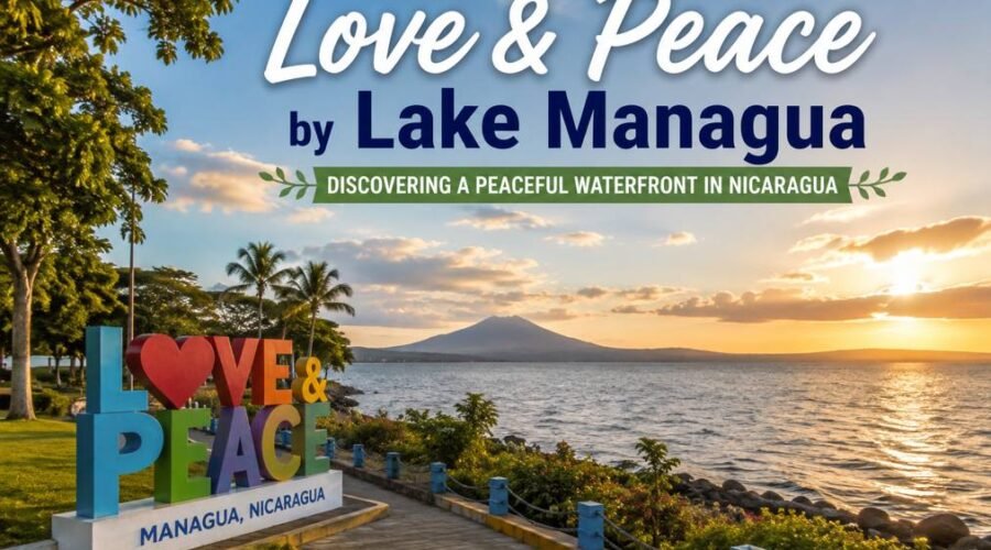 Love & Peace Park beside Lake Managua in Nicaragua, featuring a peaceful waterfront, green trees, and beautiful sunset views.