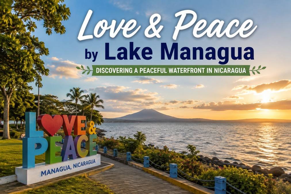 Love & Peace Park beside Lake Managua in Nicaragua, featuring a peaceful waterfront, green trees, and beautiful sunset views.