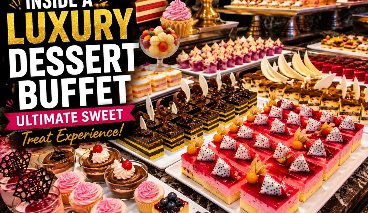 Luxury dessert buffet with colorful cakes, pastries, fruit desserts, and sweet treats