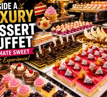 Luxury dessert buffet with colorful cakes, pastries, fruit desserts, and sweet treats