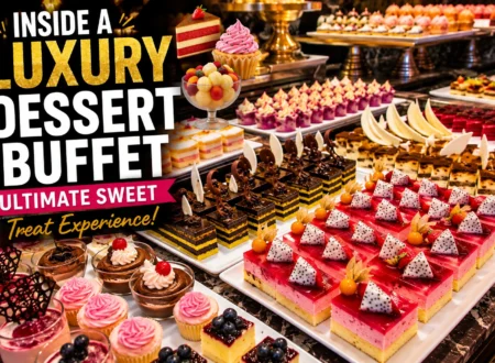 Luxury dessert buffet with colorful cakes, pastries, fruit desserts, and sweet treats