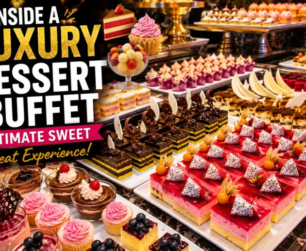 Luxury dessert buffet with colorful cakes, pastries, fruit desserts, and sweet treats