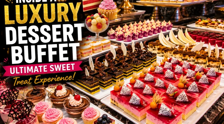 Luxury dessert buffet with colorful cakes, pastries, fruit desserts, and sweet treats