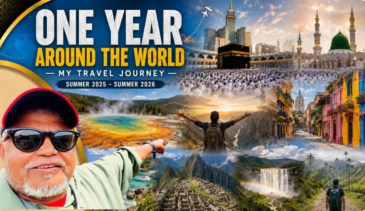 One year around the world travel journey featuring Yellowstone, Colombia, South America, road trips, cultural experiences, and spiritual journeys
