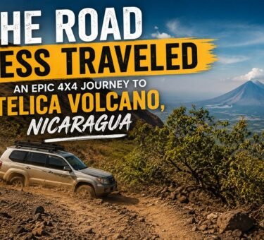 Toyota Land Cruiser driving on a rugged mountain road toward Telica Volcano in Nicaragua