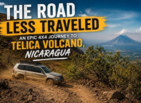 Toyota Land Cruiser driving on a rugged mountain road toward Telica Volcano in Nicaragua