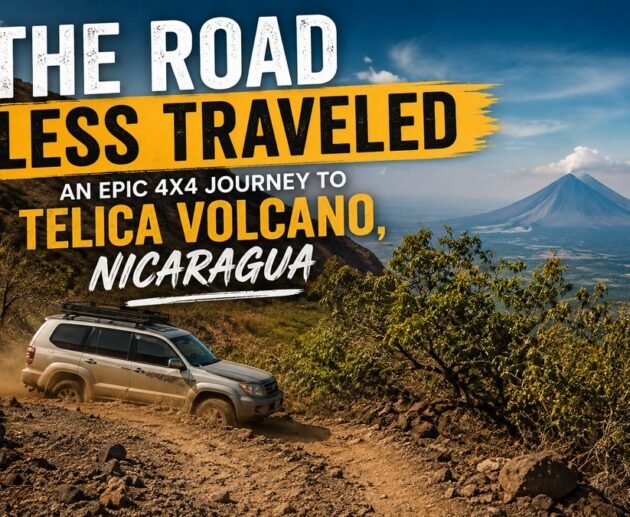 Toyota Land Cruiser driving on a rugged mountain road toward Telica Volcano in Nicaragua