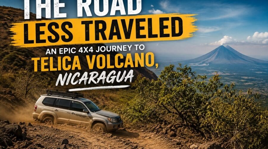 Toyota Land Cruiser driving on a rugged mountain road toward Telica Volcano in Nicaragua
