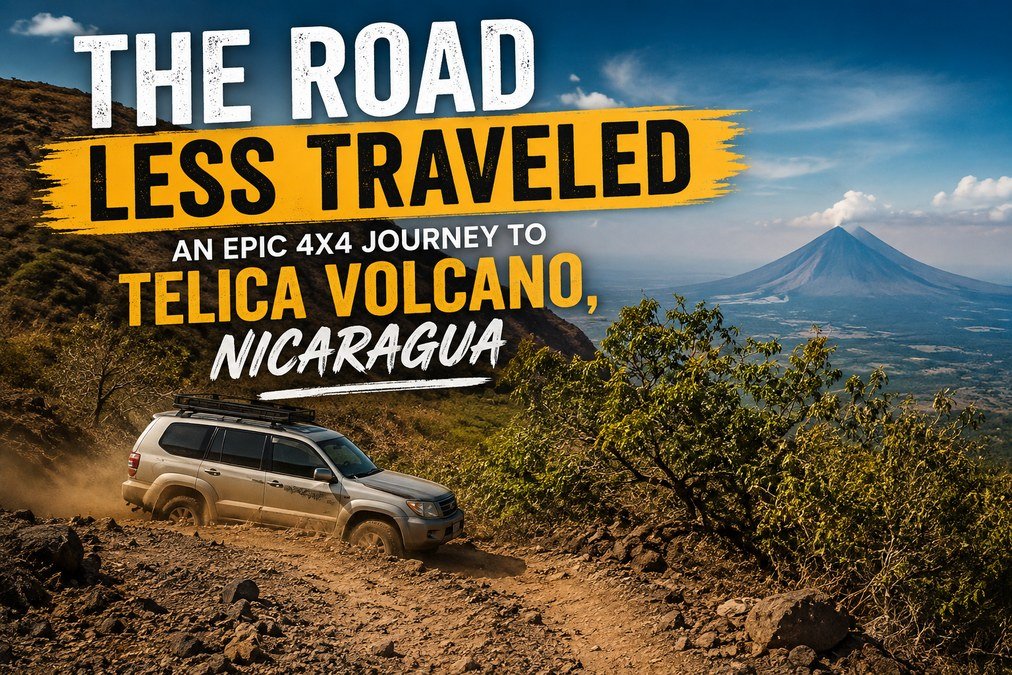 Toyota Land Cruiser driving on a rugged mountain road toward Telica Volcano in Nicaragua