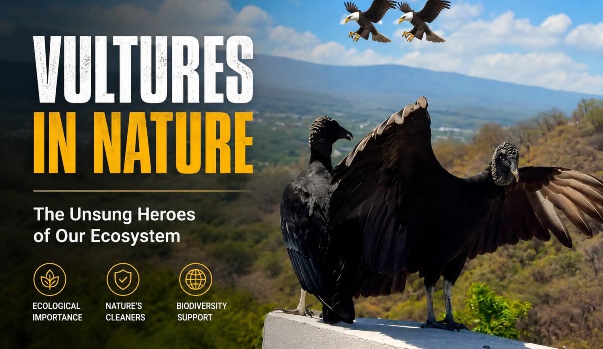 Vultures perched on a ledge with eagles flying over a mountain landscape