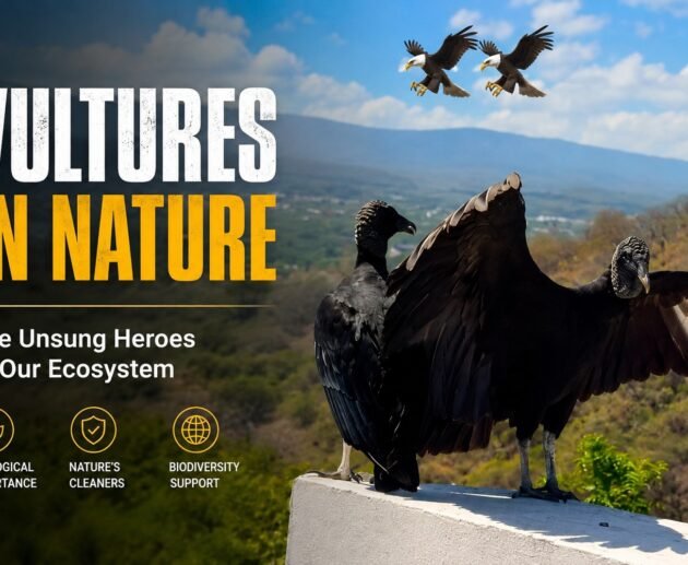 Vultures perched on a ledge with eagles flying over a mountain landscape
