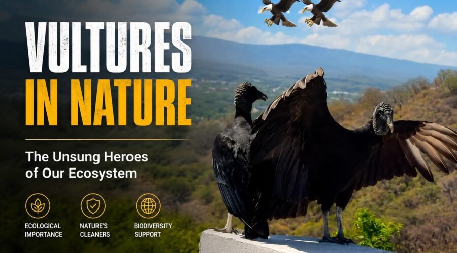 Vultures perched on a ledge with eagles flying over a mountain landscape