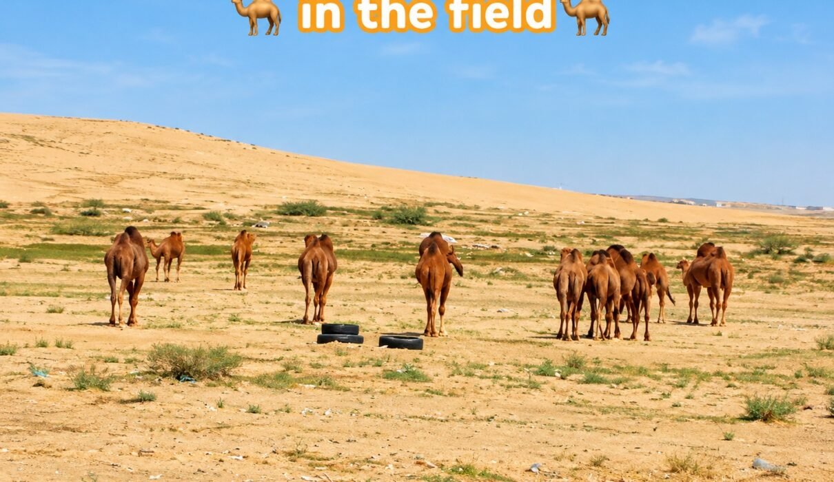 Camels grazing and walking across an open field in the Saudi Arabian desert