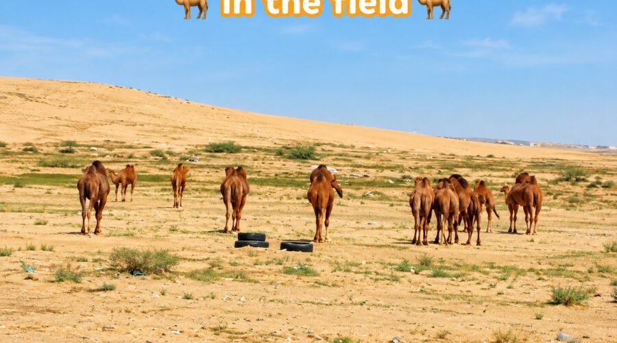 Camels grazing and walking across an open field in the Saudi Arabian desert