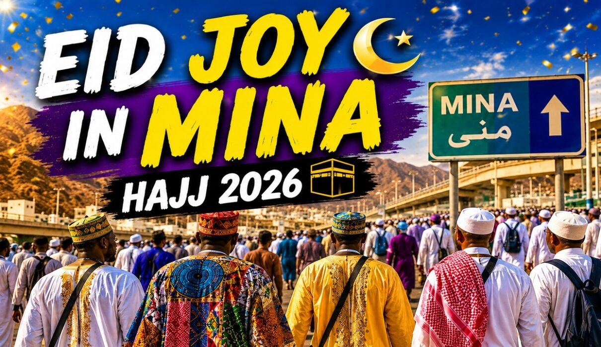 Pilgrims in colorful traditional clothing walking through Mina during Eid after the Jamarat rituals of Hajj 2026