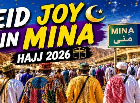 Pilgrims in colorful traditional clothing walking through Mina during Eid after the Jamarat rituals of Hajj 2026
