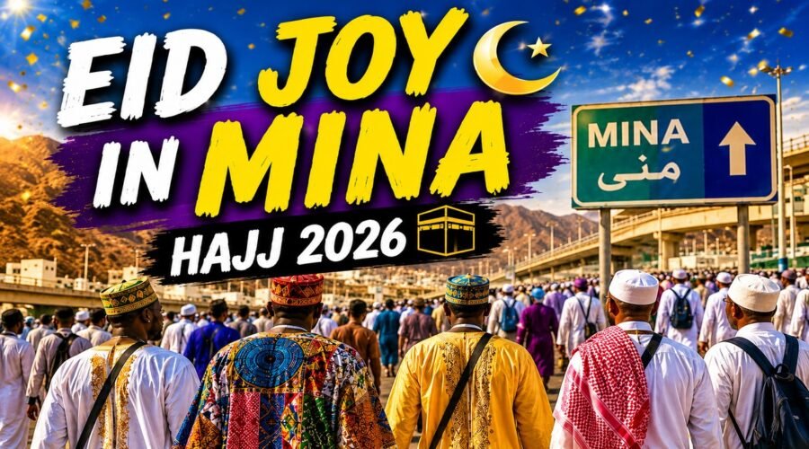 Pilgrims in colorful traditional clothing walking through Mina during Eid after the Jamarat rituals of Hajj 2026
